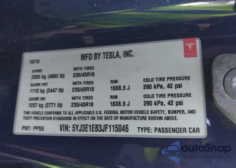 2018 Tesla Model 3 Long Range/Performance from USA, damaged, VIN 5YJ3E1EB3JF115046